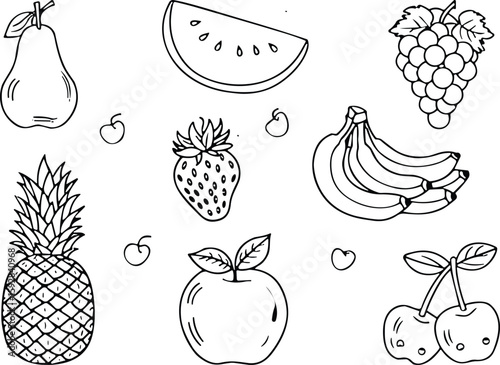Collection of hand-drawn fruit outlines including pineapple, banana, apple, and more, perfect for coloring books, healthy eating, and fresh food themes.