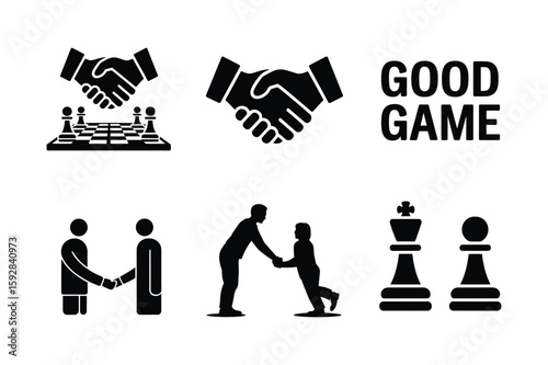 Handshake chess pawns and king silhouette good game vector