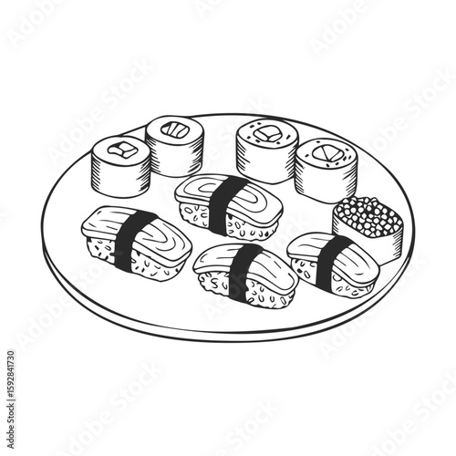 Traditional japanese sushi platter with nigiri, makizushi, and ikura