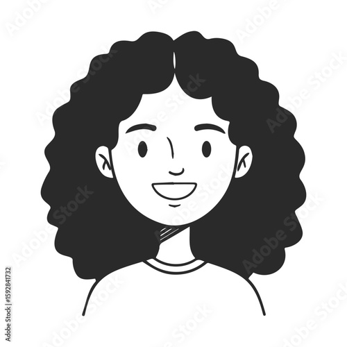 Smiling young female character with curly hair black and white illustration