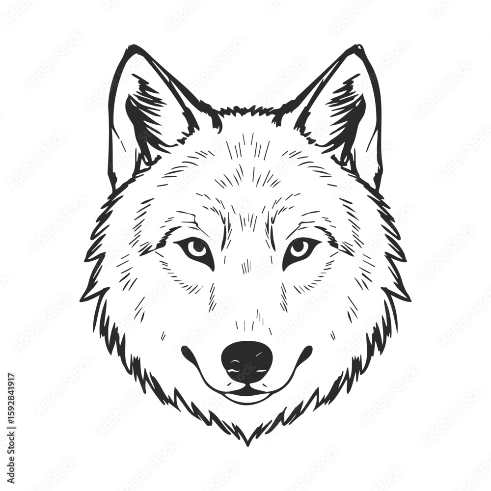 Naklejka premium Detailed black and white wolf illustration with intricate features