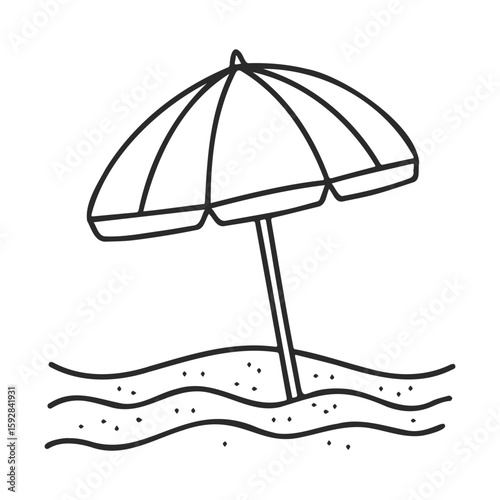 Black and white beach umbrella illustration on sandy shore