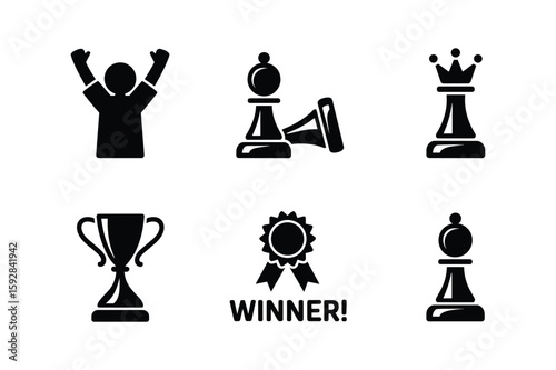 Silhouette of a person with raised arms trophy chess pieces and a medal arms raised