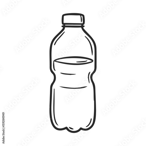 Black and white drawing of plastic water bottle with cap