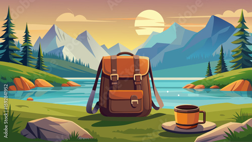 Lightweight brown backpack with black cup rests on rock near tranquil lake. Natural background mountains hills forest. Summer hiking camping trip adventure. Concept travel tourism expedition 