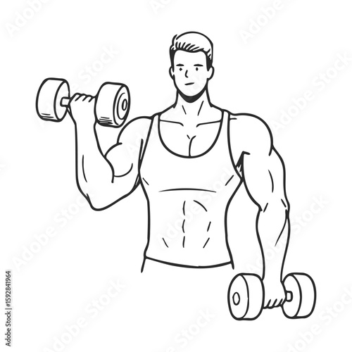 Caucasian male adult lifting dumbbells in fitness illustration