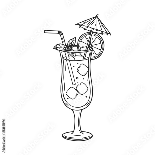 Tropical cocktail illustration with umbrella, ice cubes, and mint garnish