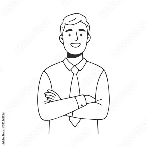 Smiling young caucasian male cartoon businessman with arms crossed