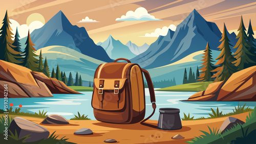 Lightweight brown backpack with black cup rests on rock near tranquil lake. Natural background mountains hills forest. Summer hiking camping trip adventure. Concept travel tourism expedition 