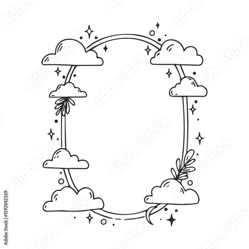 Whimsical cloud frame with stars and leaves in black and white line art