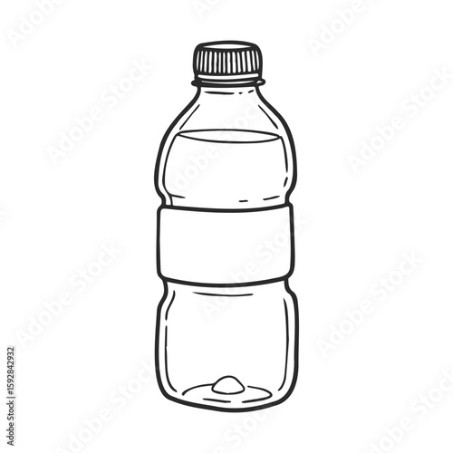 Black and white sketch of a plastic water bottle with blank label