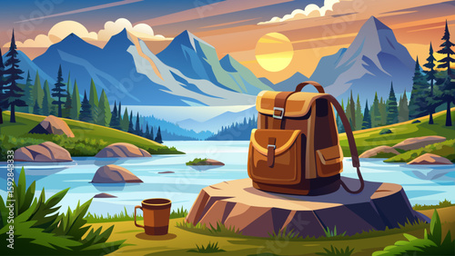 Lightweight brown backpack with black cup rests on rock near tranquil lake. Natural background mountains hills forest. Summer hiking camping trip adventure. Concept travel tourism expedition 