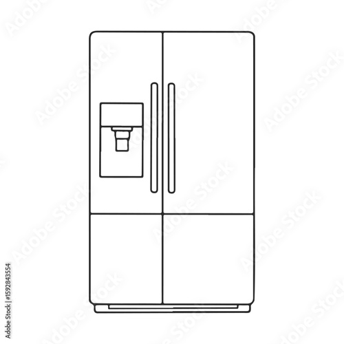 Minimalist line art of a modern double door refrigerator with water dispenser