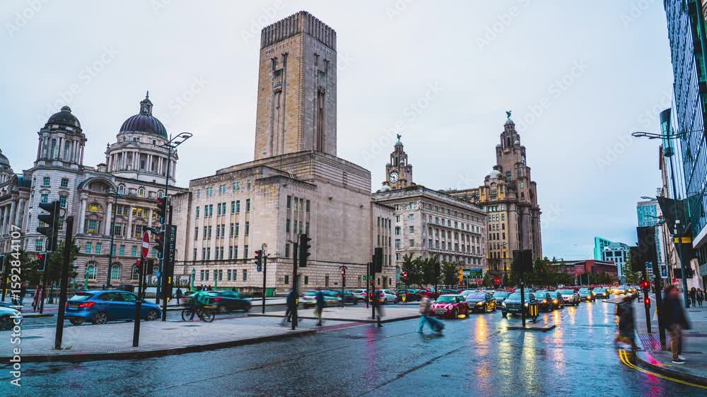 Time lapse of The Three Graces with crowded commuter people crossing and traffic street in city of Liverpool, England, UK