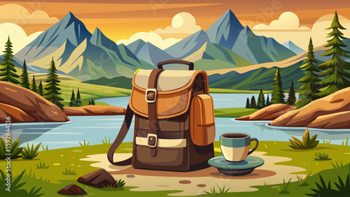 Lightweight brown backpack with black cup rests on rock near tranquil lake. Natural background mountains hills forest. Summer hiking camping trip adventure. Concept travel tourism expedition 