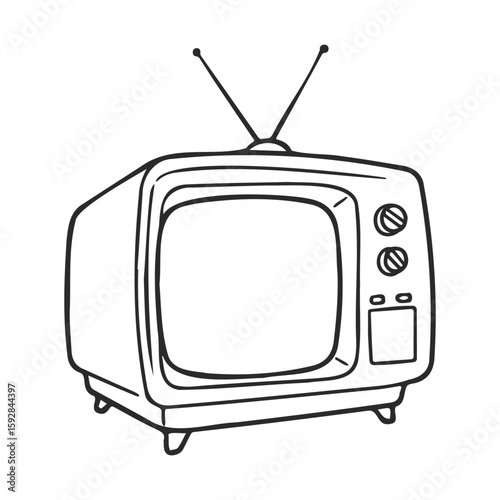 Vintage retro box television with antenna and dials in black and white outline