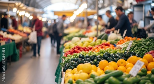 A bustling indoor market, overflowing with fresh produce, with people browsing and selecting.