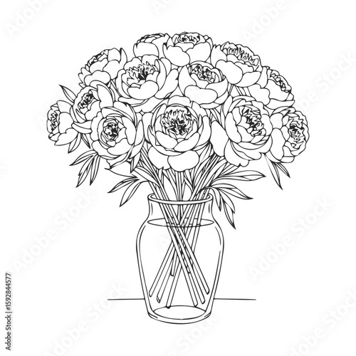 Black and white line drawing of peony bouquet in vase