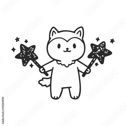 Adorable cartoon fox holding magic wands with sparkles