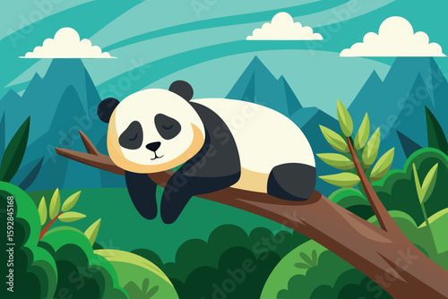 Cute baby panda cartoon illustration with a black and white bear on a green bamboo tree in the wild nature forest of China