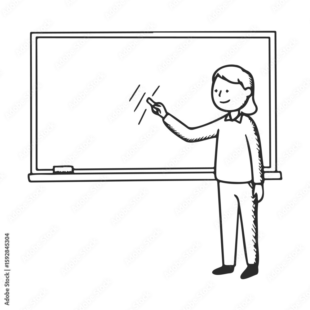 Female teacher drawing on chalkboard in classroom sketch Female teacher drawing on chalkboard in classroom sketch