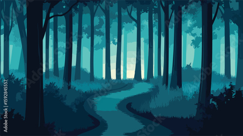 Enchanting Dark Turquoise Forest with Winding Path Through Mysterious Trees