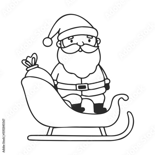 Cartoon santa claus on sleigh with gift bag in black and white line art