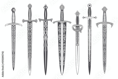 Elegant Swords A Collection of Antique Weaponry in Detailed Black and White Illustration for History and Fantasy Enthusiasts