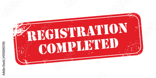 Red Registration Completed rectangular Stamp Icon Vector with Grunge Effect for Approval Confirmation. Registered rectangular grunge ink stamp on white background