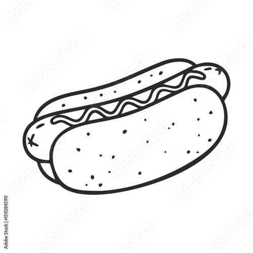 Black and white drawing of a classic hot dog in a bun with mustard