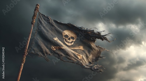Tattered pirate flag with skull and crossbones against stormy sky