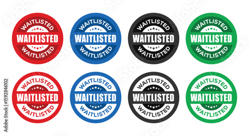 Set of Waitlisted Stamp Badge Vector Set. Colorful waitlisted word with star icon round rubber seal stamp on white background. 