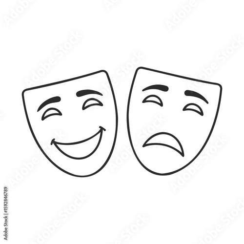 Black and white comedy and tragedy drama masks in minimalist style