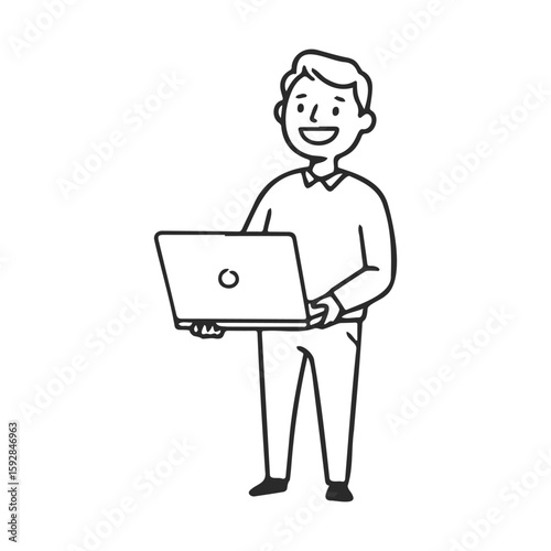 Asian male cartoon character with laptop in hand doodle
