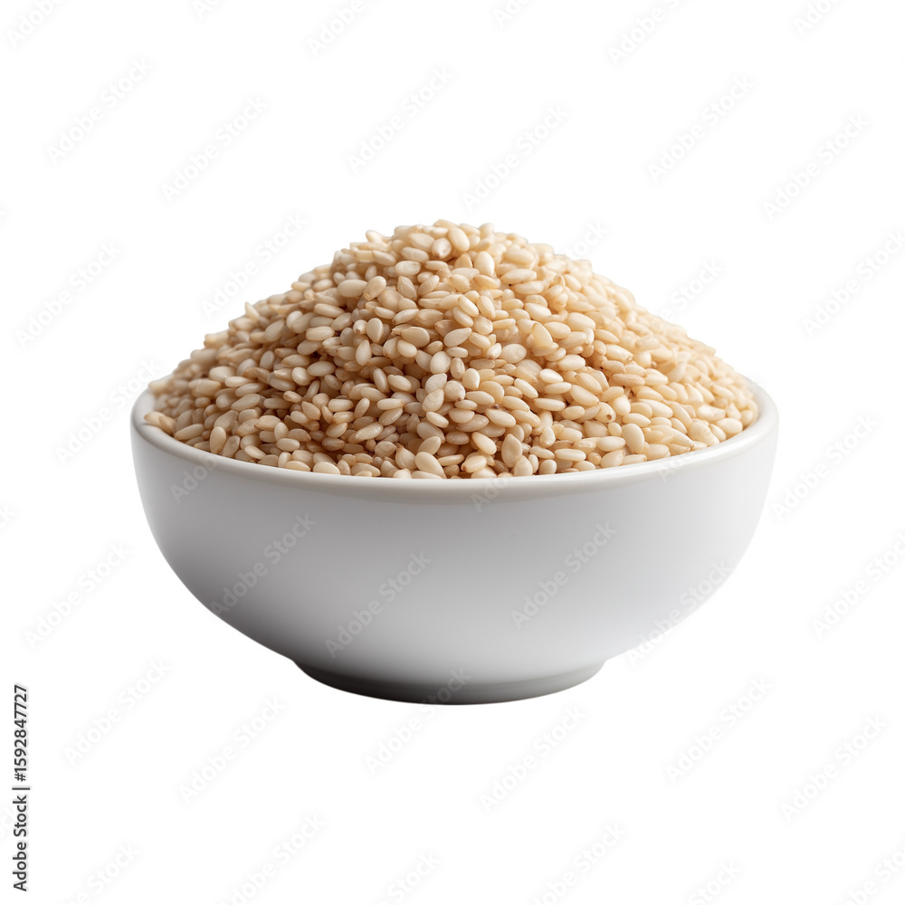Sesame seeds scattered in white ceramic bowl, side view, isolated on white background, studio lighting