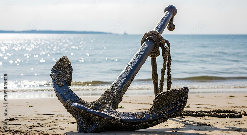 Fototapeta premium Rusty anchor resting on a sandy beach, with the ocean and distant ship in the background.