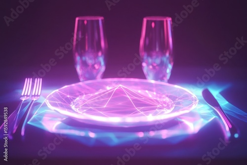 Futuristic restaurant business concept with glowing low polygonal silverware fork, knife and plate