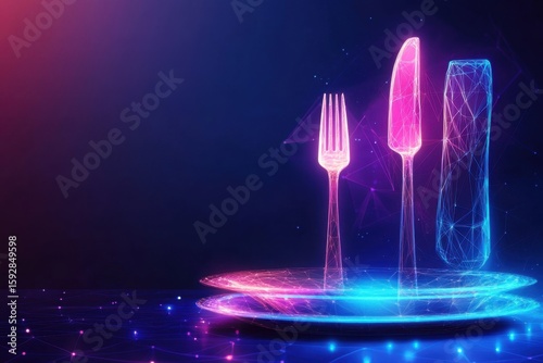 Futuristic restaurant business concept with glowing low polygonal silverware fork, knife and plate
