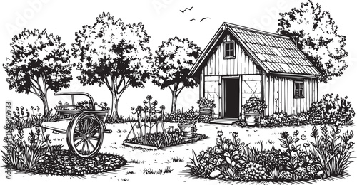 Rustic Garden Shed: Charming Countryside Landscape