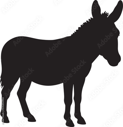 Donkey Silhouette, Black and White Animal Vector Illustration, Equine Standing Profile, Isolated Farm Animal Icon, Minimalist Design for Printing, Mascot for Crafts, Education