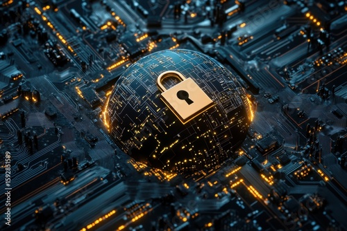 Globe with digital padlock over circuit board, dark background. Concept of global cybersecurity and digital protection