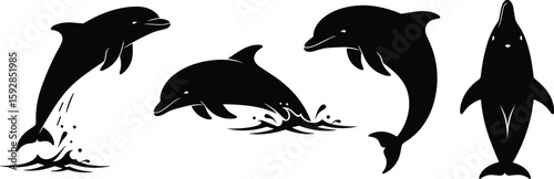 Delightful silhouettes of dolphins leaping and swimming