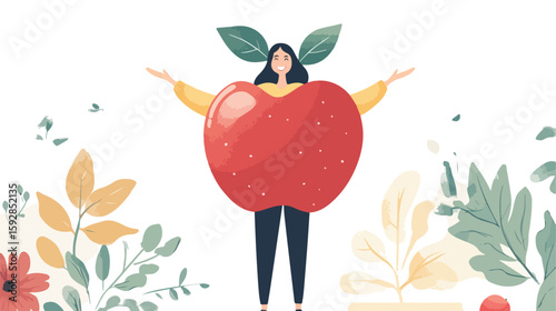 Smiling woman holding large apple illustration