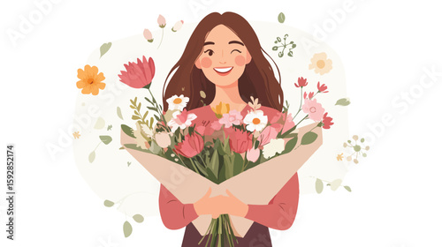Joyful woman with floral bouquet illustration