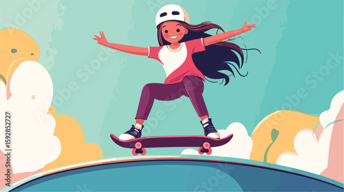Joyful young girl skateboarding on ramp