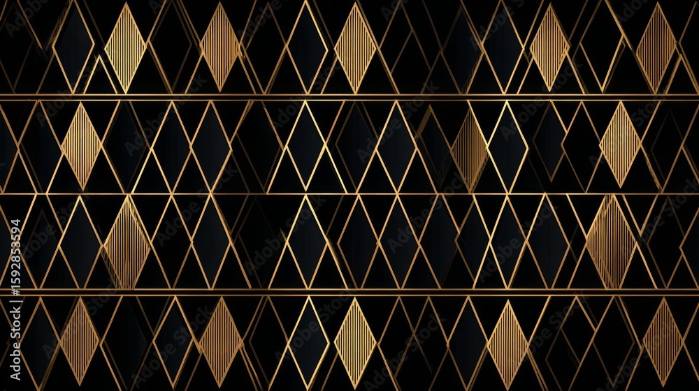 Fototapeta premium Geometric art deco pattern with gold and black diamond shapes