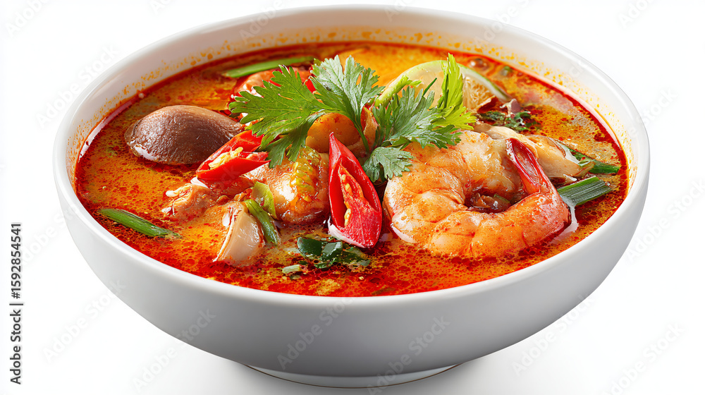Traditional Tom Yum Goong Thai soup with shrimp, mushrooms, and fresh herbs in a white bowl Traditional Tom Yum Goong Thai soup with shrimp, mushrooms, and fresh herbs in a white bowl