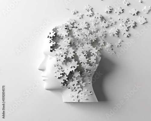 Ai generated image of a white human head profile dissolves into numerous puzzle pieces on a white background