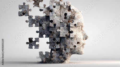 Ai generated image of a stone puzzle forming a human head, symbolizing fragmented thoughts and memory loss