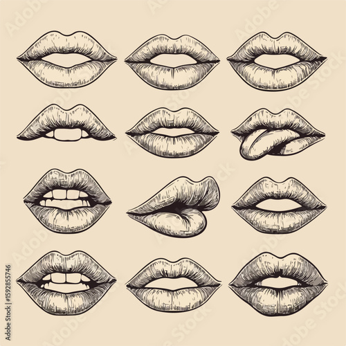 Hand drawn sketch lips set illustration